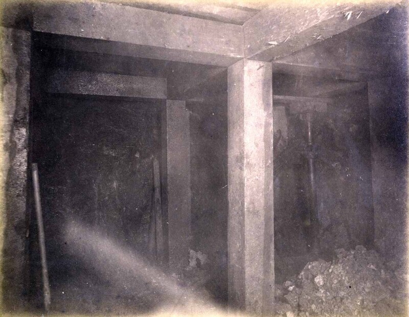 High ore 300 level East Showing drilling machine and bar erected for drilling ore breast