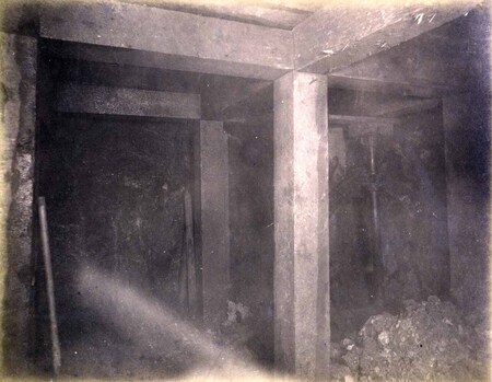 High ore 300 level East Showing drilling machine and bar erected for drilling ore breast