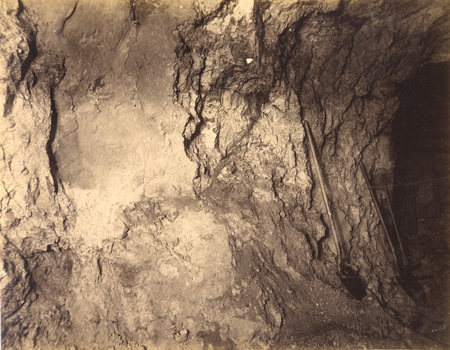 Mountain Consolidated Mine 550 level East sill floor.  Showing a fine ore breast untimbered